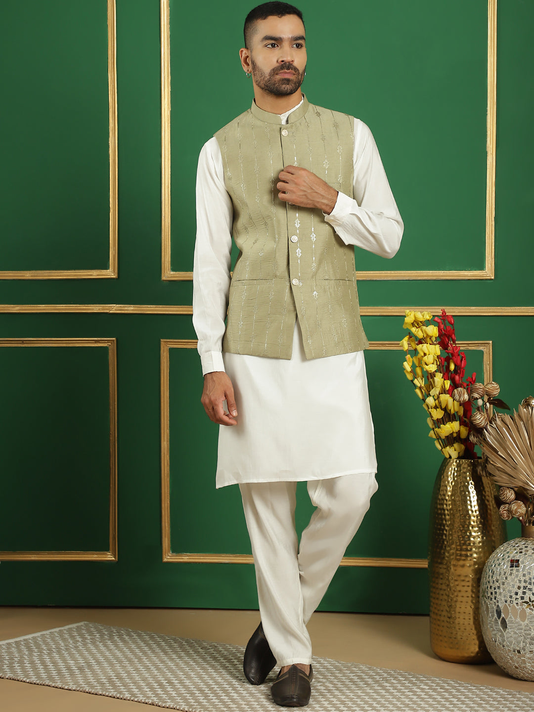 Embroidered and Sequin Nehru Jacket with Solid Kurta Pyjama ( ANMKPWC 592W 7011Pista )