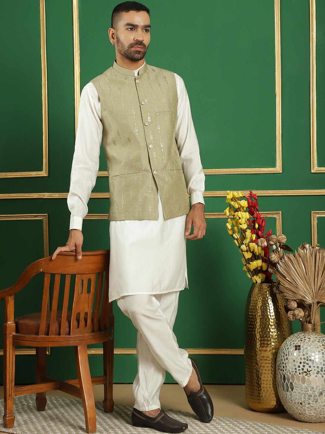 Embroidered and Sequin Nehru Jacket with Solid Kurta Pyjama ( ANMKPWC 592W 7011Pista )
