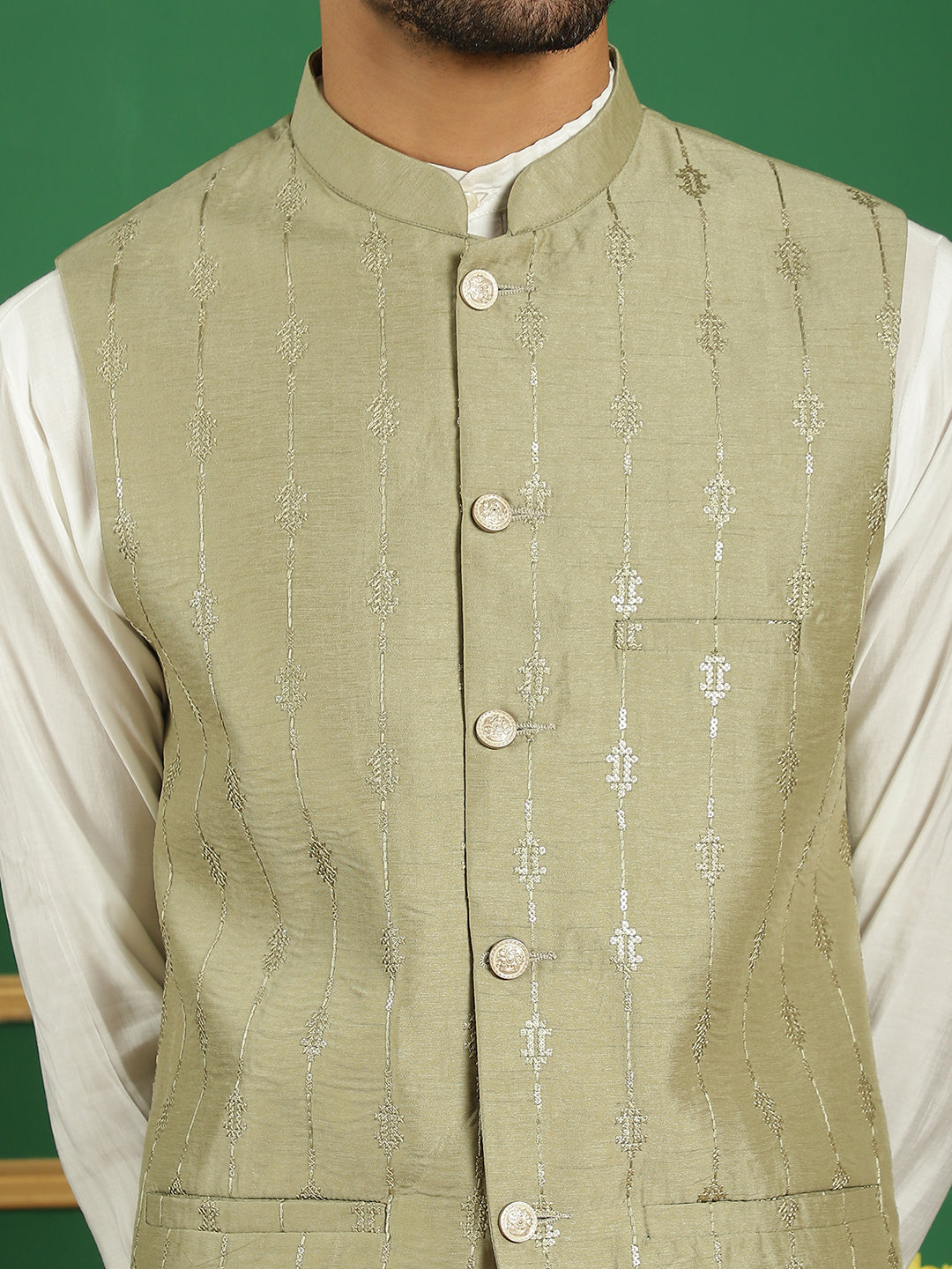 Embroidered and Sequin Nehru Jacket with Solid Kurta Pyjama ( ANMKPWC 592W 7011Pista )