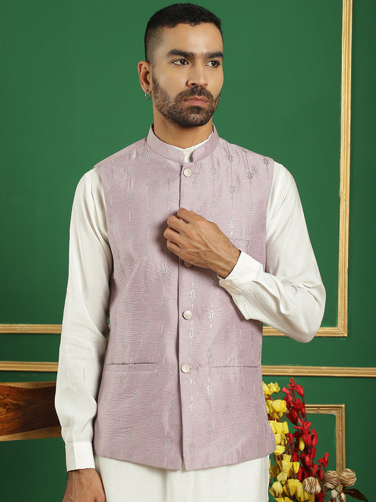 Embroidered and Sequin Nehru Jacket with Solid Kurta Pyjama ( ANMKPWC 592W 7011Purple )