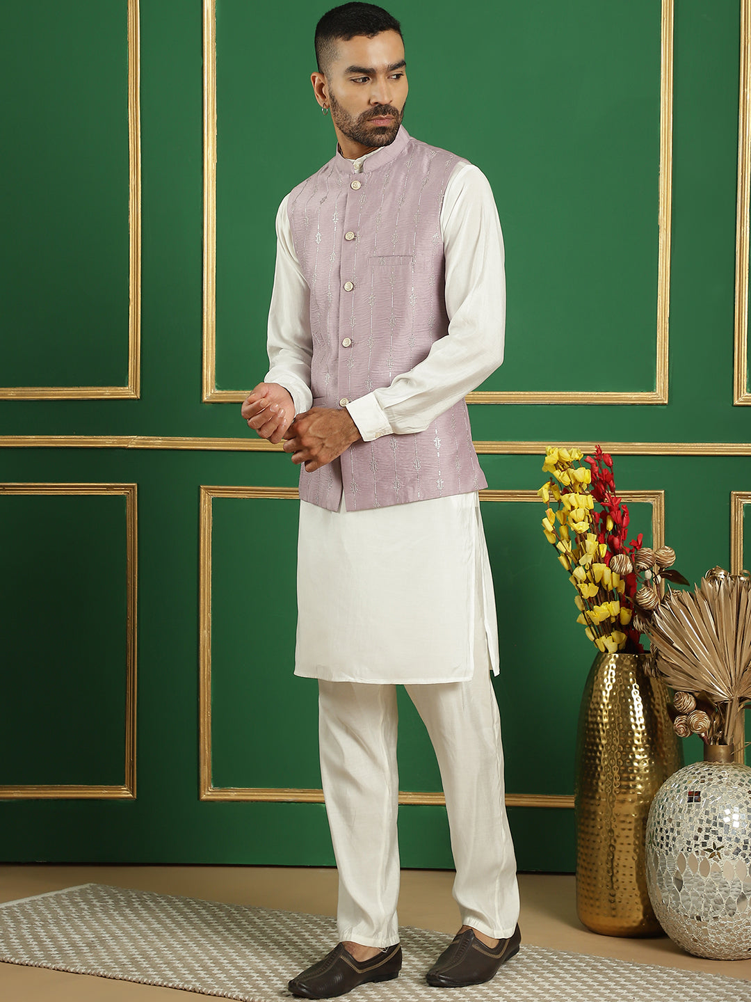 Embroidered and Sequin Nehru Jacket with Solid Kurta Pyjama ( ANMKPWC 592W 7011Purple )