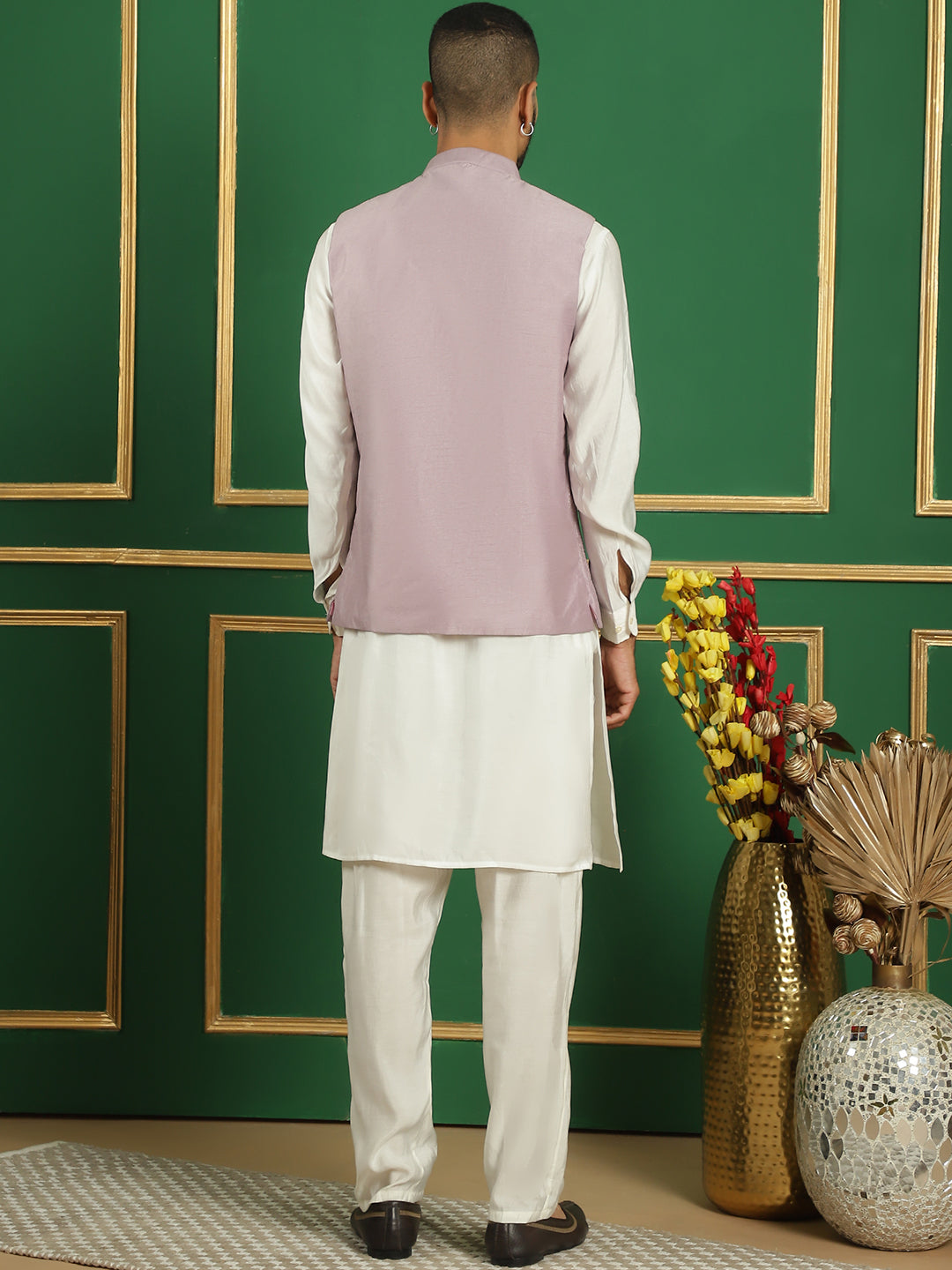 Embroidered and Sequin Nehru Jacket with Solid Kurta Pyjama ( ANMKPWC 592W 7011Purple )