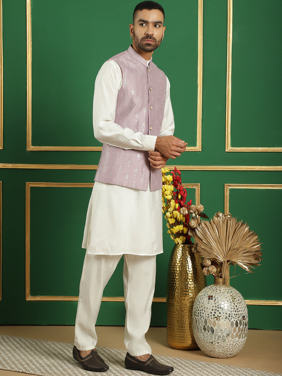 Embroidered and Sequin Nehru Jacket with Solid Kurta Pyjama ( ANMKPWC 592W 7011Purple )