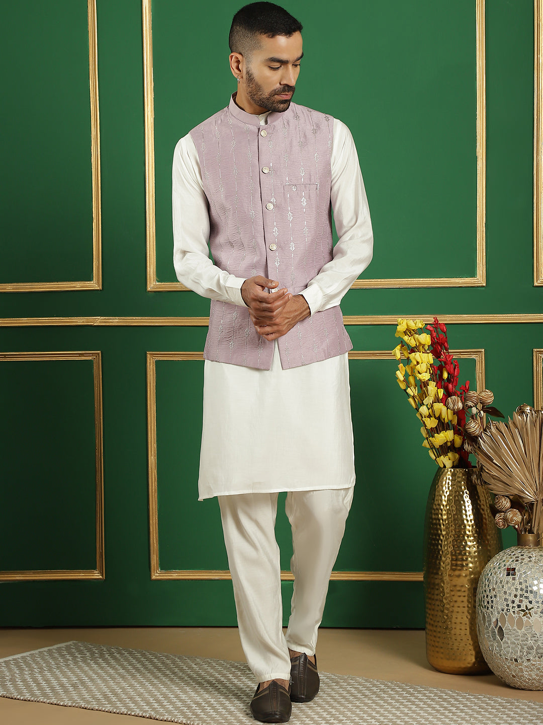 Embroidered and Sequin Nehru Jacket with Solid Kurta Pyjama ( ANMKPWC 592W 7011Purple )