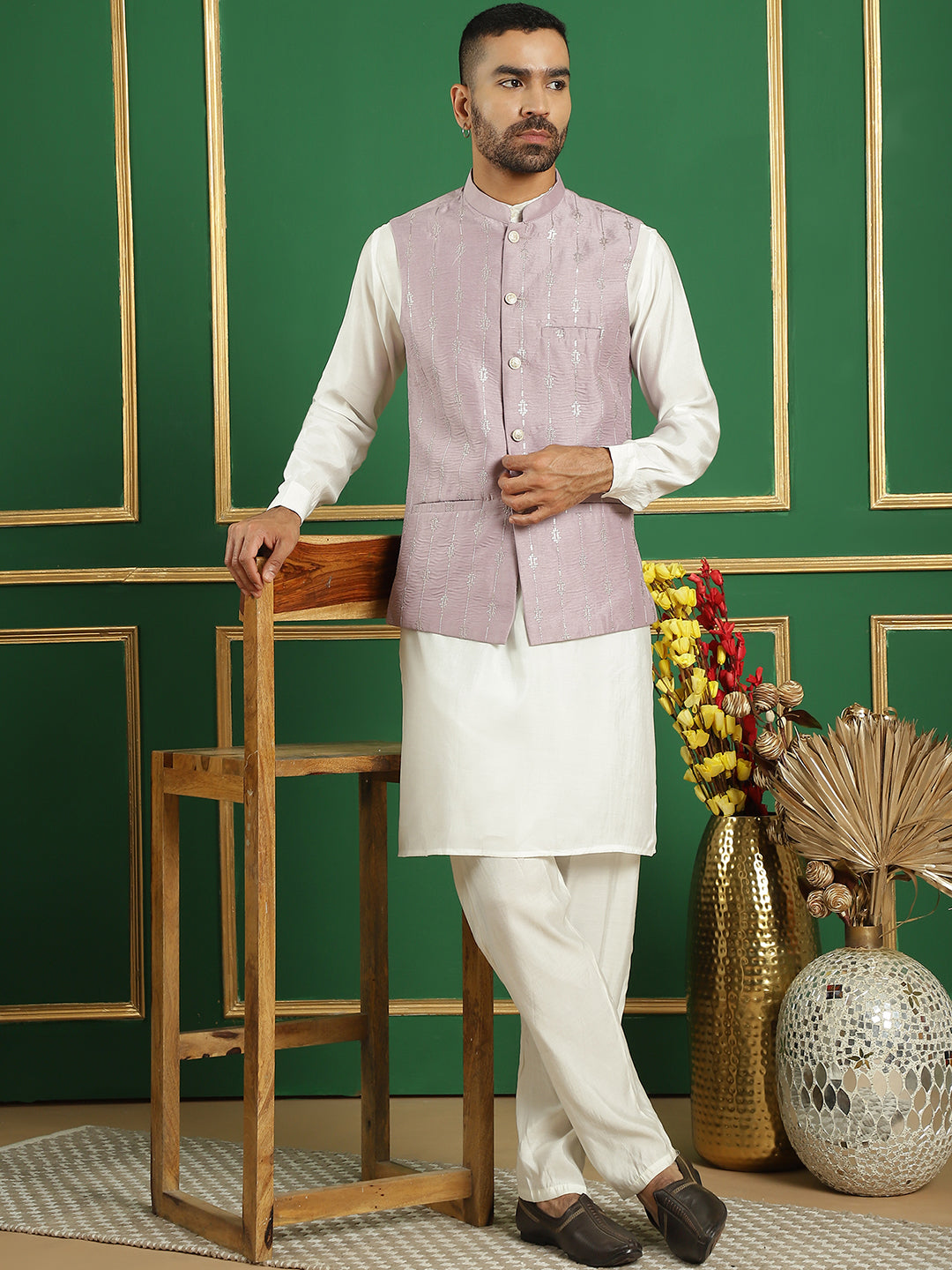 Embroidered and Sequin Nehru Jacket with Solid Kurta Pyjama ( ANMKPWC 592W 7011Purple )