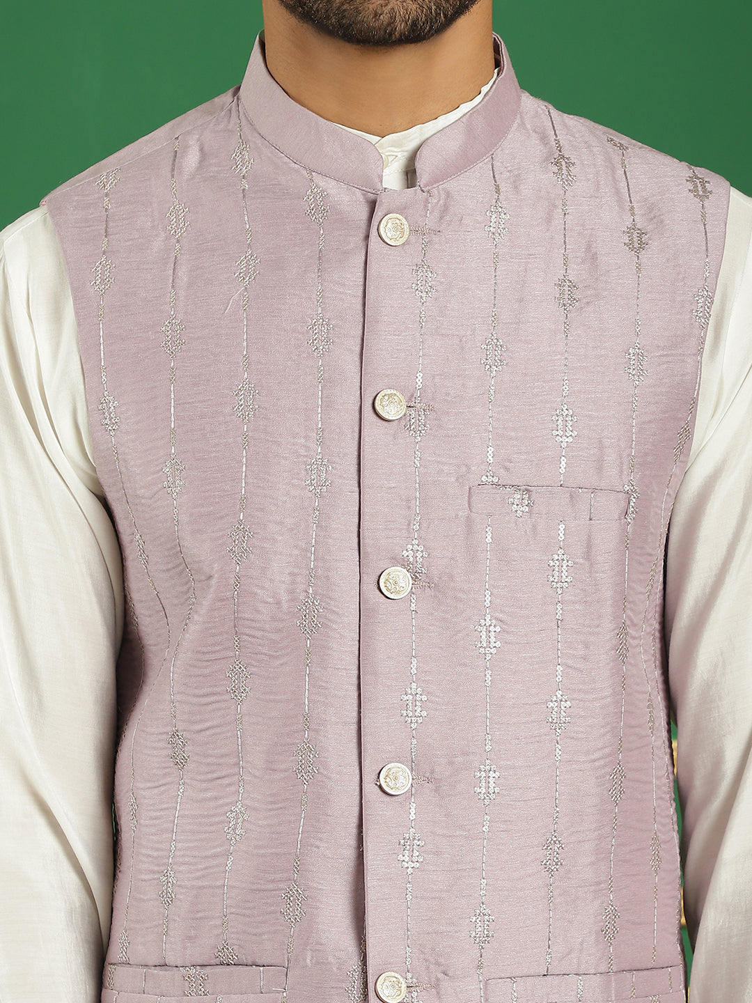 Embroidered and Sequin Nehru Jacket with Solid Kurta Pyjama ( ANMKPWC 592W 7011Purple )