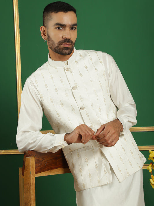 Embroidered and Sequin Nehru Jacket with Solid Kurta Pyjama ( ANMKPWC 592W 7011White )