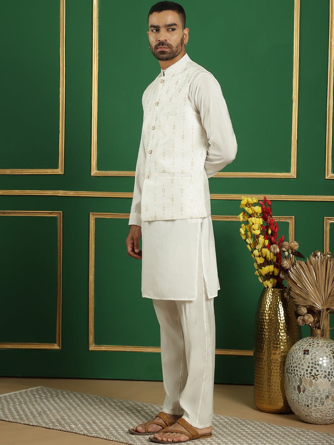 Embroidered and Sequin Nehru Jacket with Solid Kurta Pyjama ( ANMKPWC 592W 7011White )