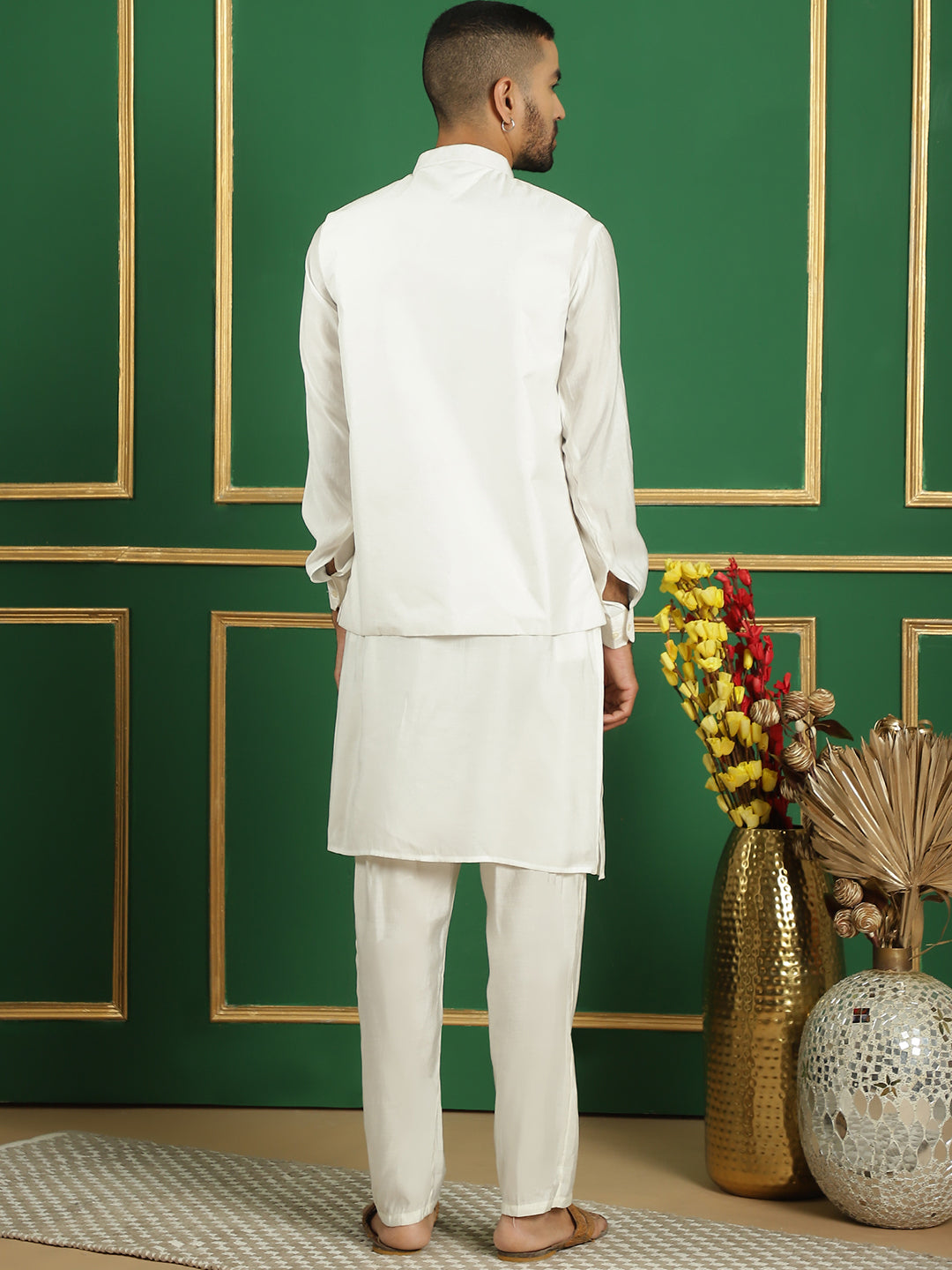 Embroidered and Sequin Nehru Jacket with Solid Kurta Pyjama ( ANMKPWC 592W 7011White )