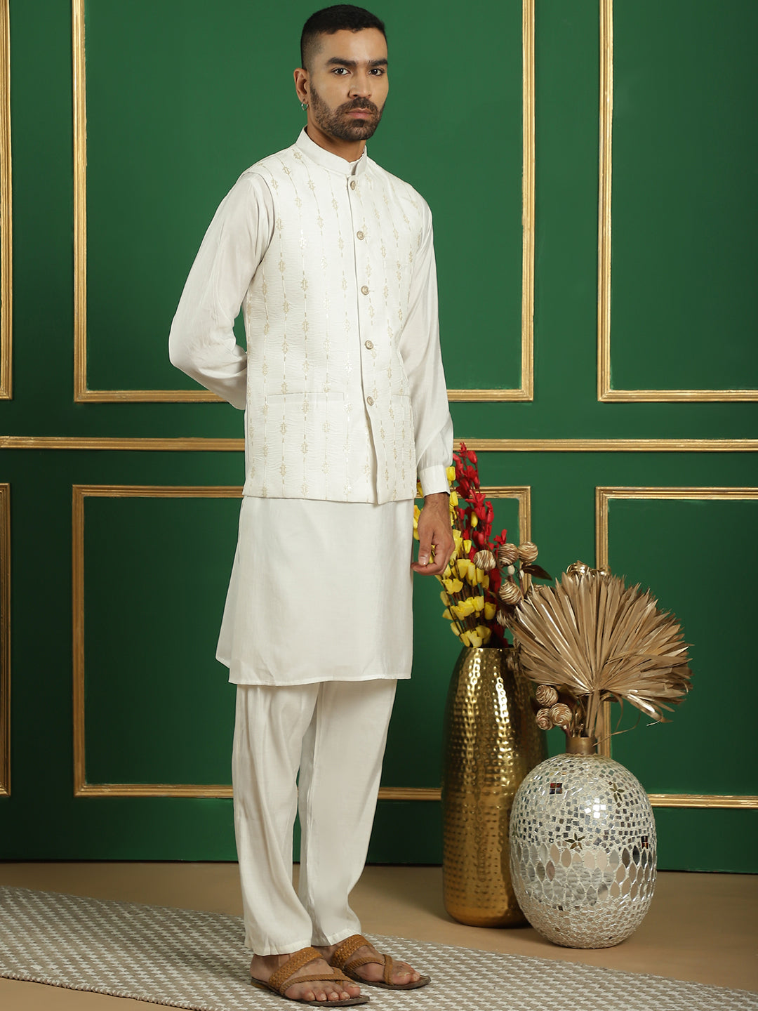 Embroidered and Sequin Nehru Jacket with Solid Kurta Pyjama ( ANMKPWC 592W 7011White )