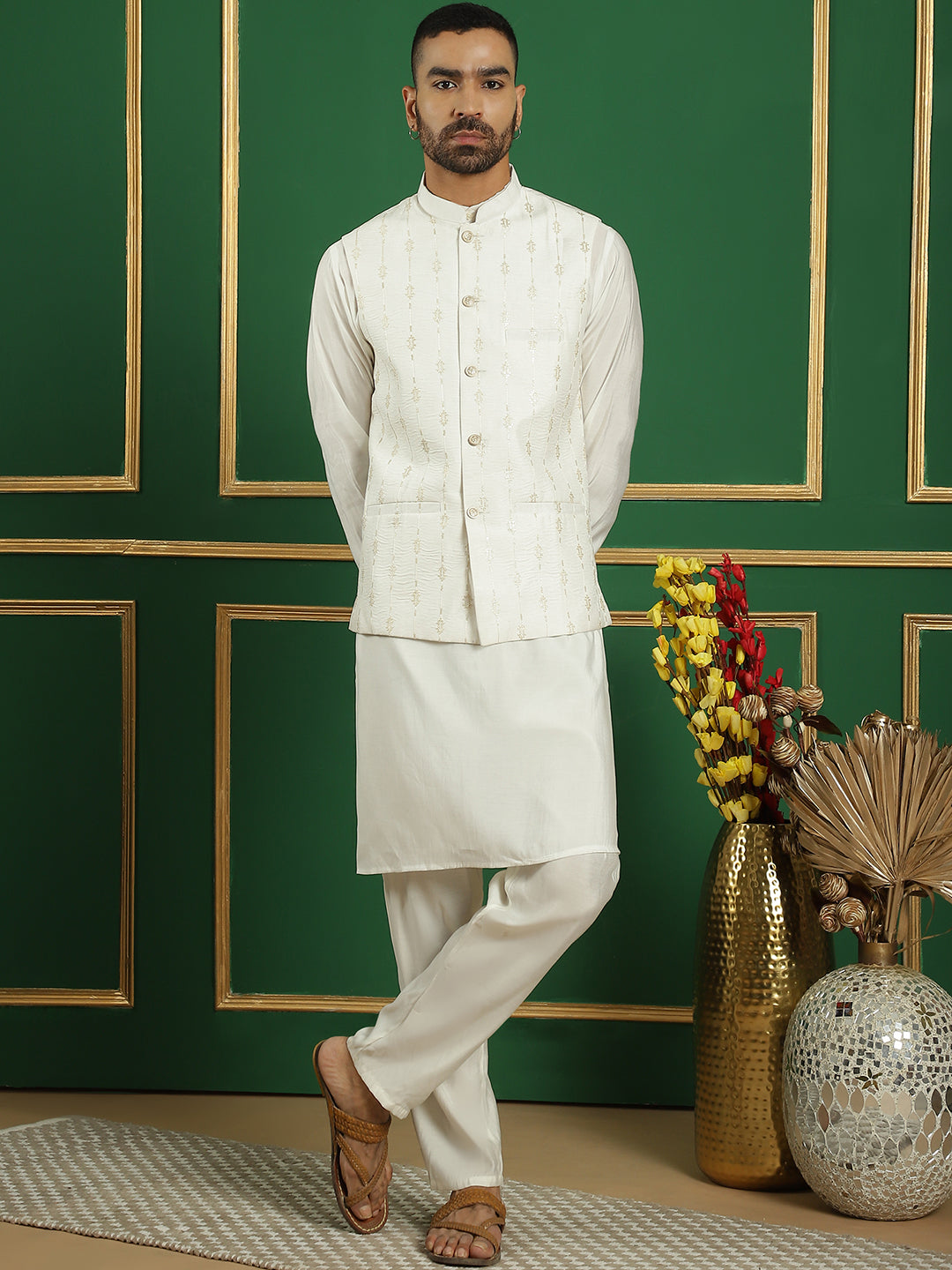 Embroidered and Sequin Nehru Jacket with Solid Kurta Pyjama ( ANMKPWC 592W 7011White )