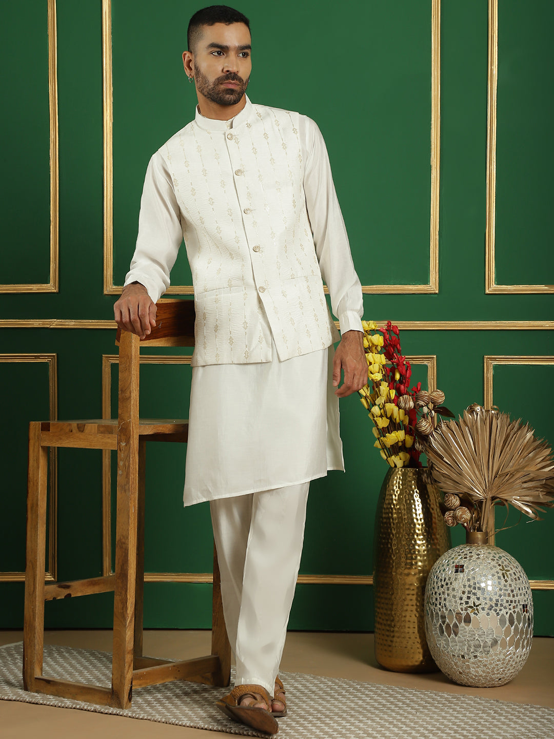 Embroidered and Sequin Nehru Jacket with Solid Kurta Pyjama ( ANMKPWC 592W 7011White )