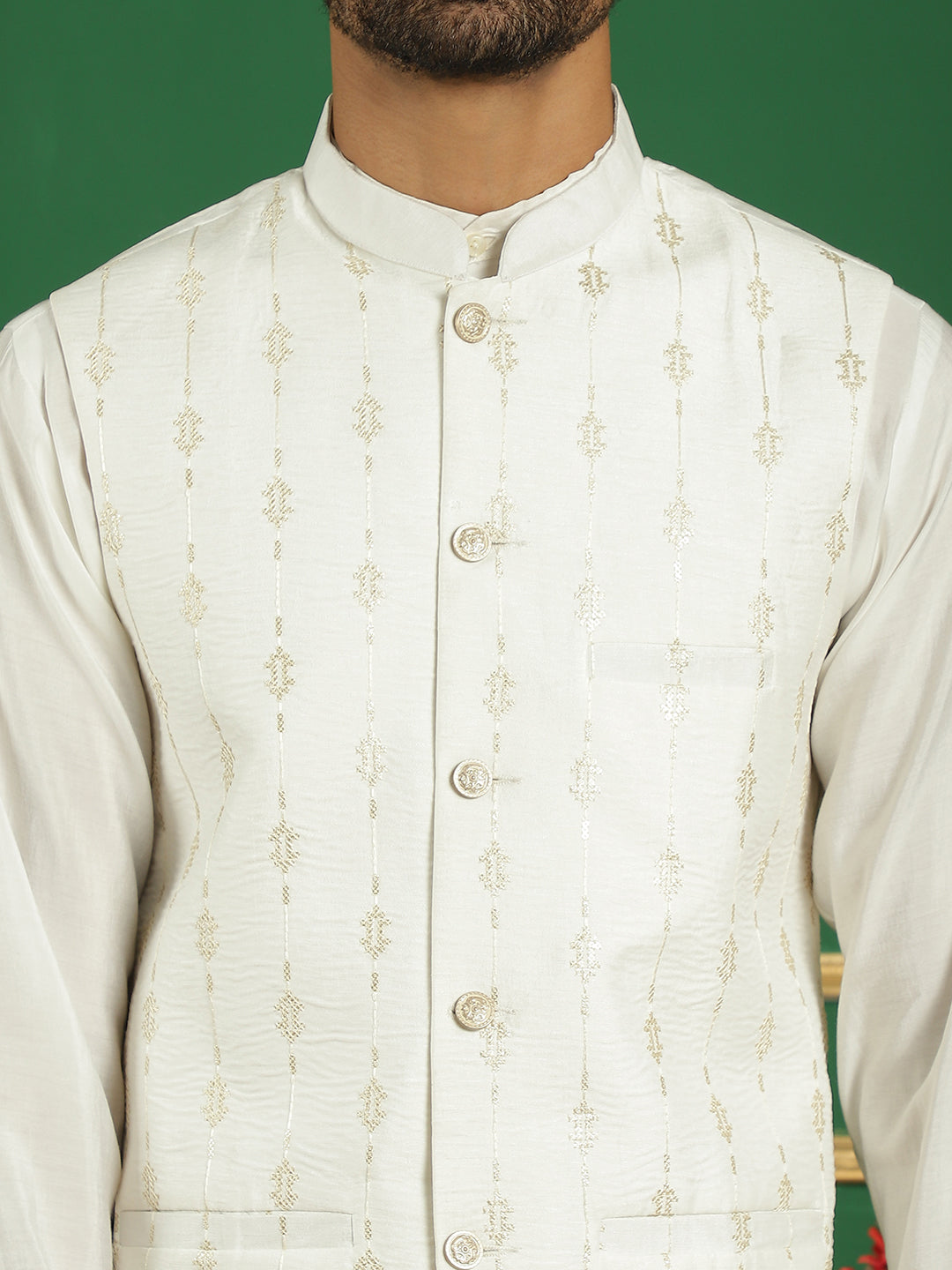 Embroidered and Sequin Nehru Jacket with Solid Kurta Pyjama ( ANMKPWC 592W 7011White )