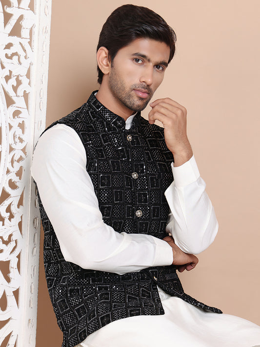 Men's Velvet Nehru Jacket With Solid Kurta Pyjama ( ANMKPWC 592W 7017Black )