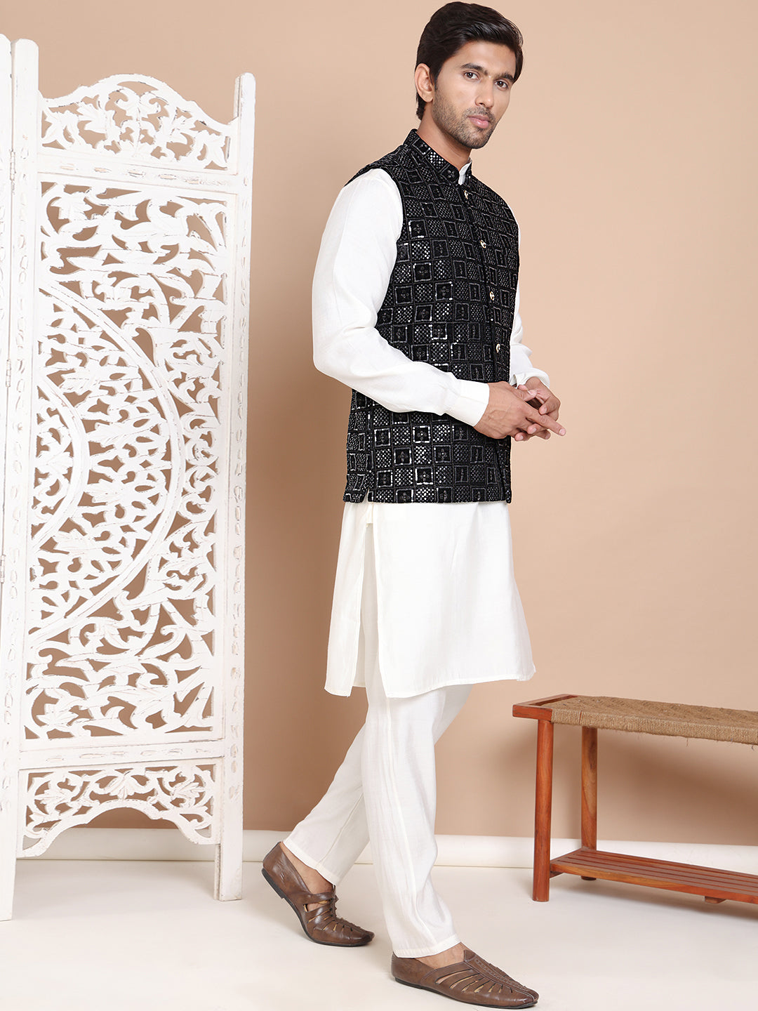 Men's Velvet Nehru Jacket With Solid Kurta Pyjama ( ANMKPWC 592W 7017Black )