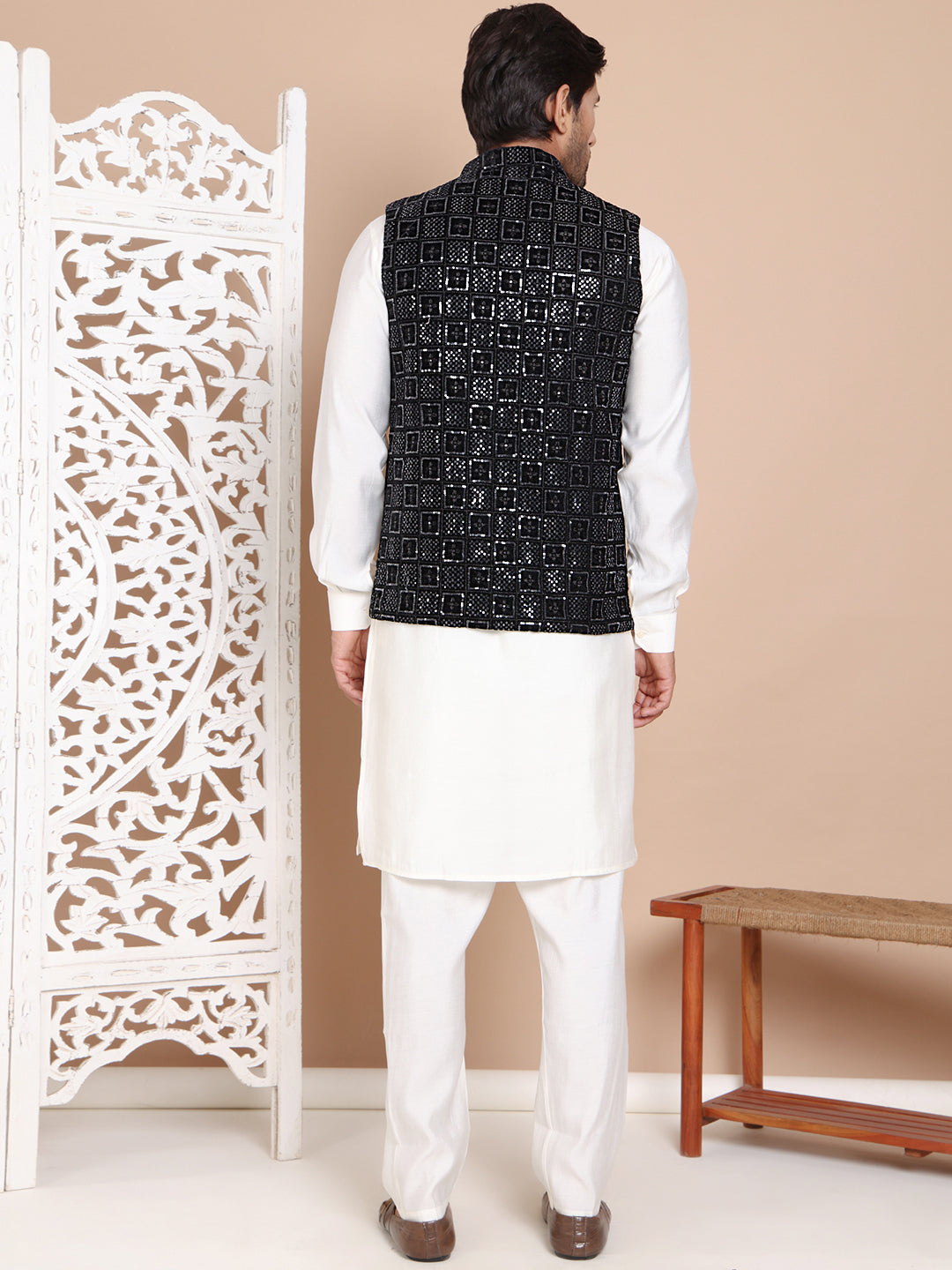 Men's Velvet Nehru Jacket With Solid Kurta Pyjama ( ANMKPWC 592W 7017Black )