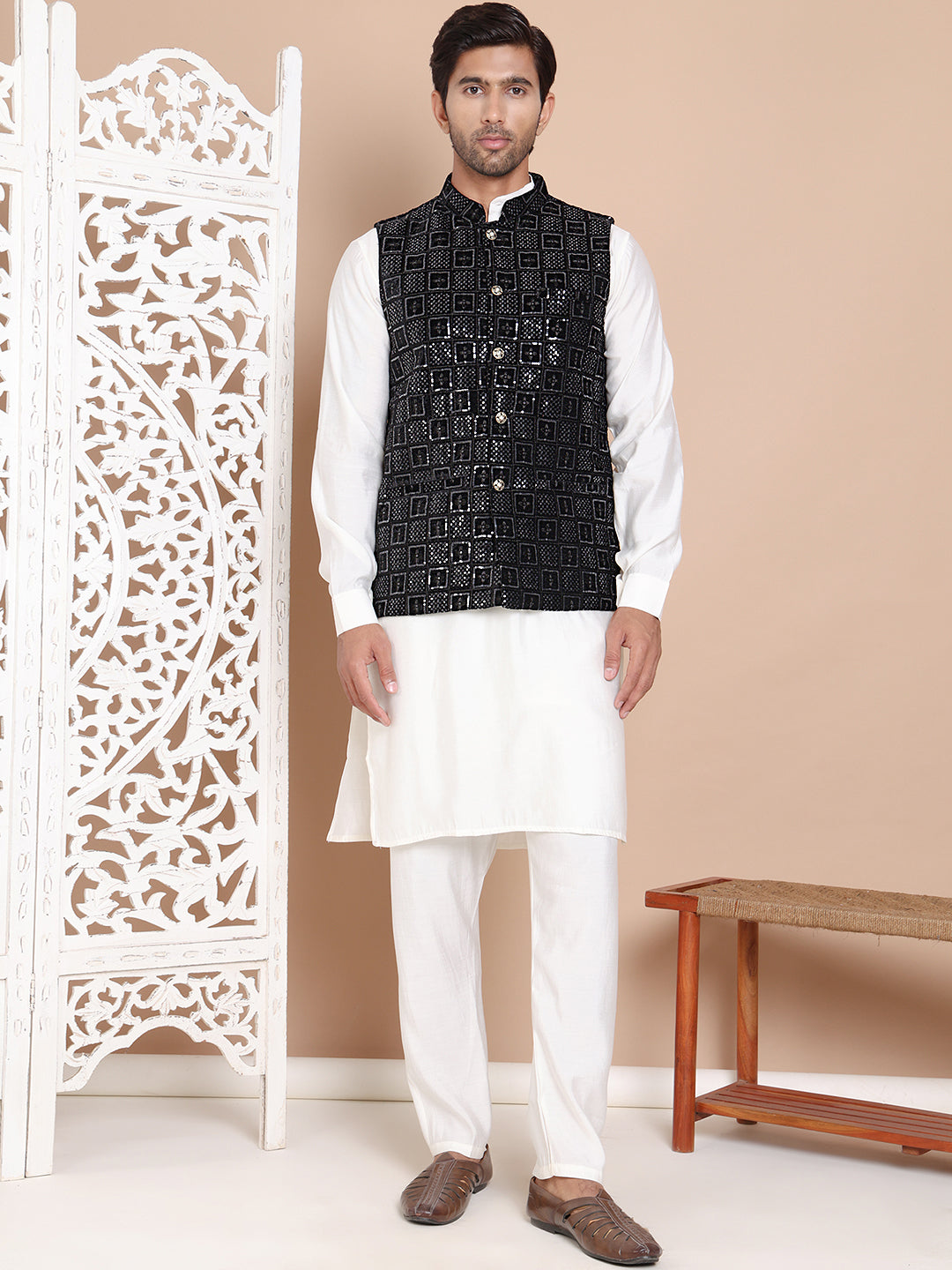 Men's Velvet Nehru Jacket With Solid Kurta Pyjama ( ANMKPWC 592W 7017Black )
