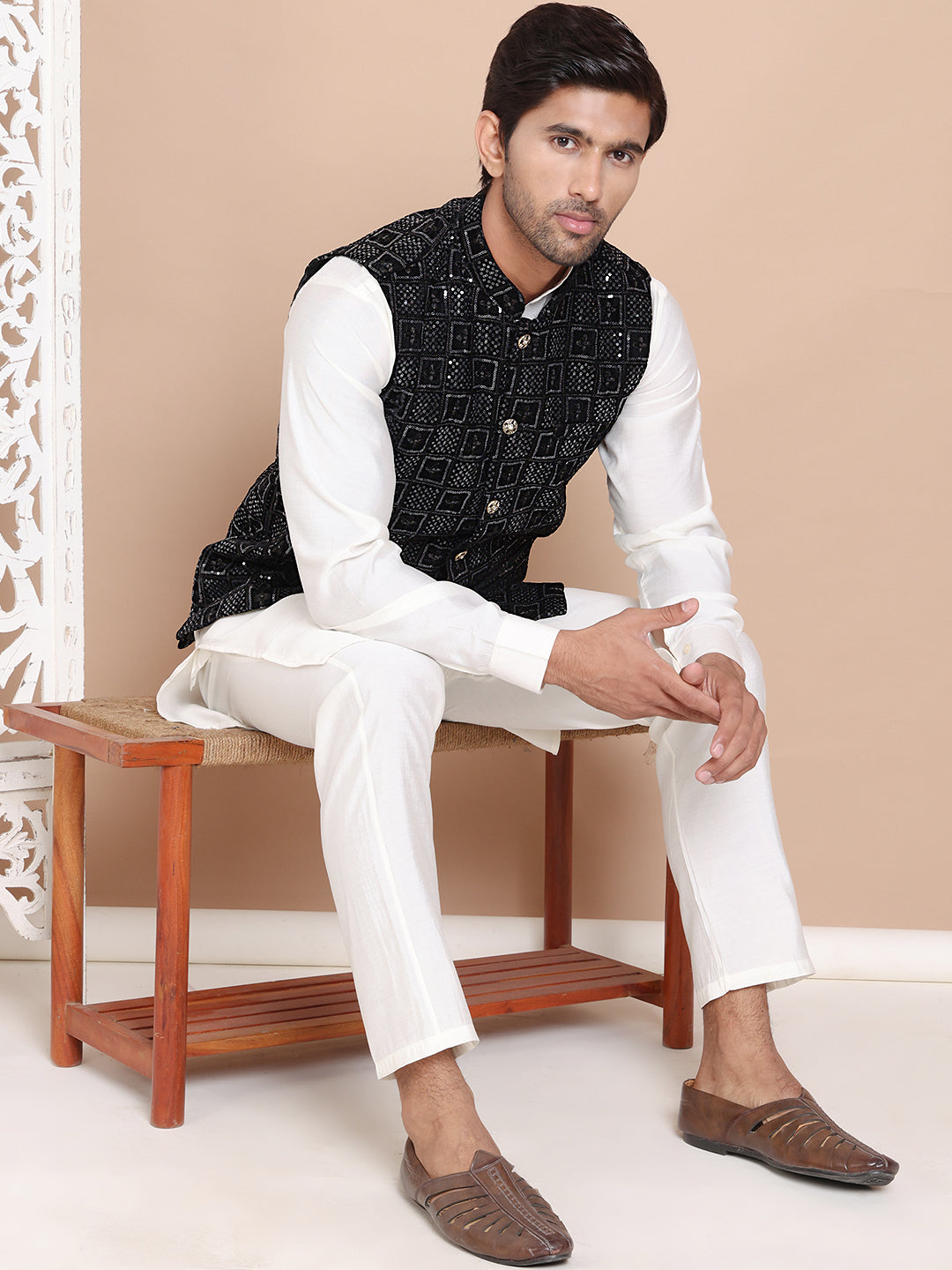 Men's Velvet Nehru Jacket With Solid Kurta Pyjama ( ANMKPWC 592W 7017Black )