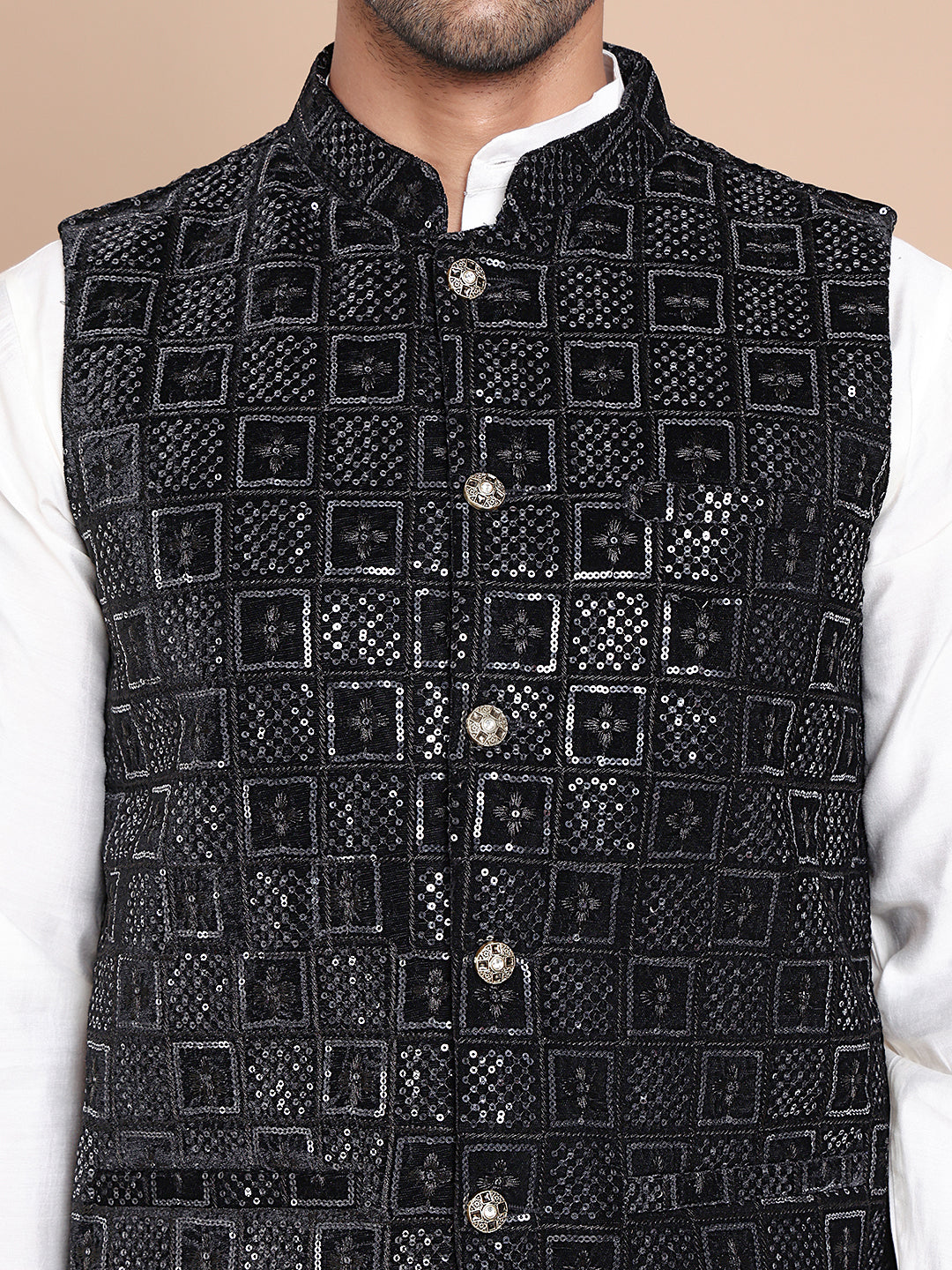 Men's Velvet Nehru Jacket With Solid Kurta Pyjama ( ANMKPWC 592W 7017Black )
