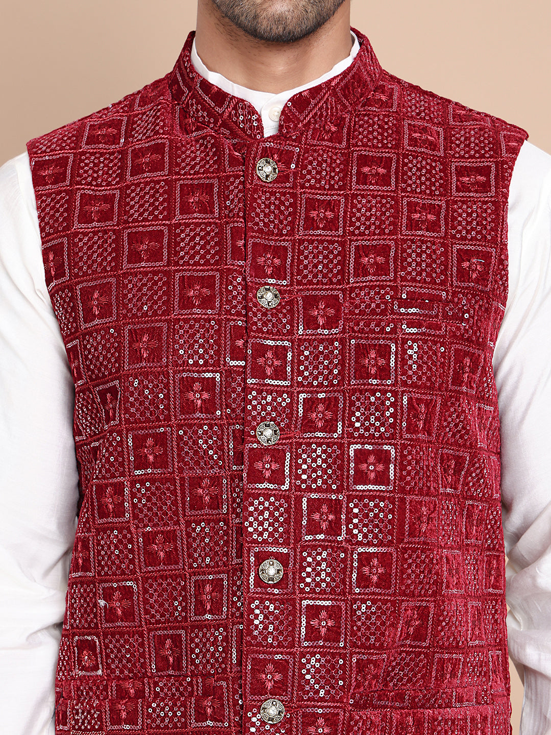 Men's Velvet Nehru Jacket With Solid Kurta Pyjama ( ANMKPWC 592W 7017Maroon )