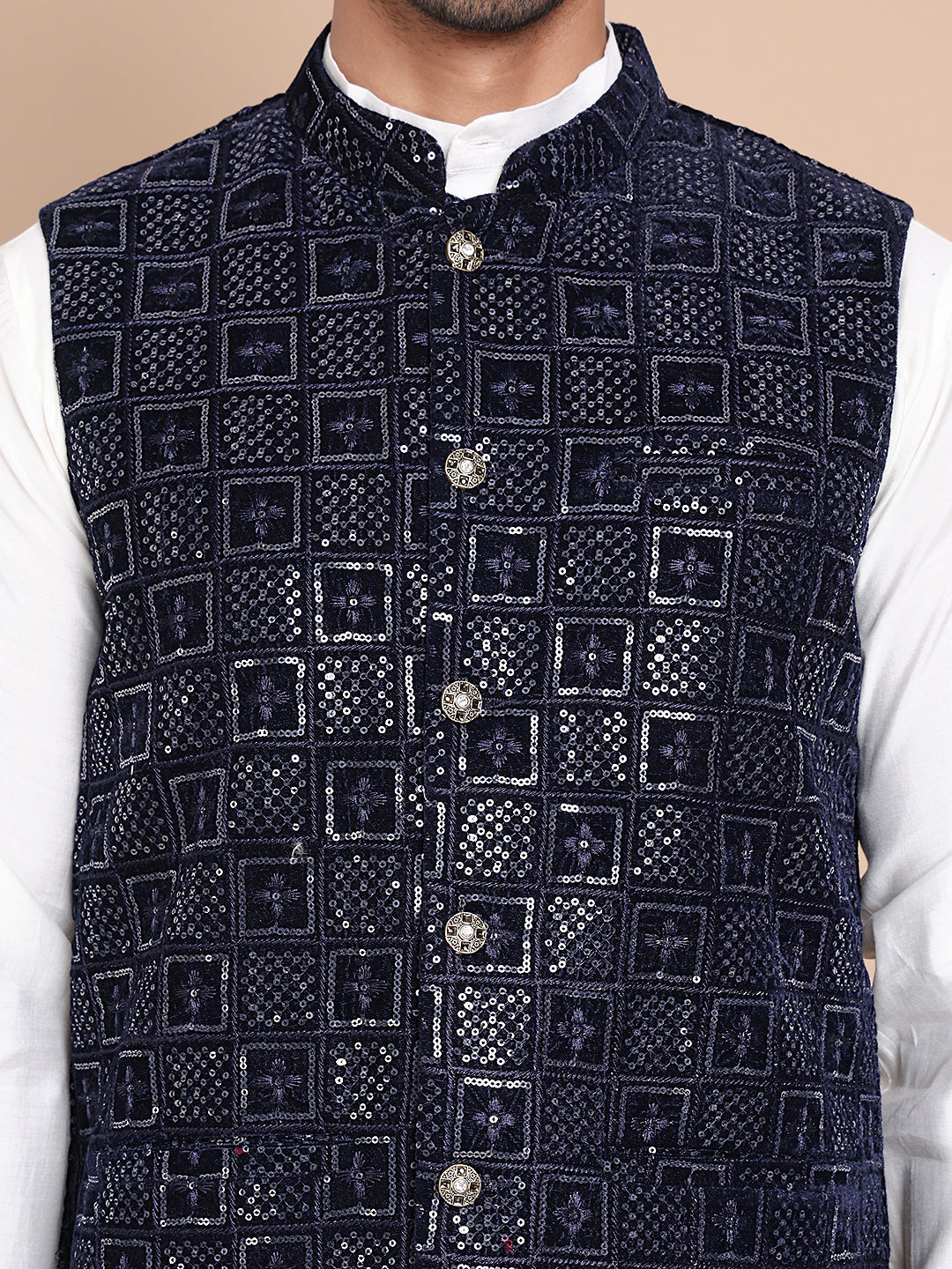 Men's Velvet Nehru Jacket With Solid Kurta Pyjama ( ANMKPWC 592W 7017Navy )