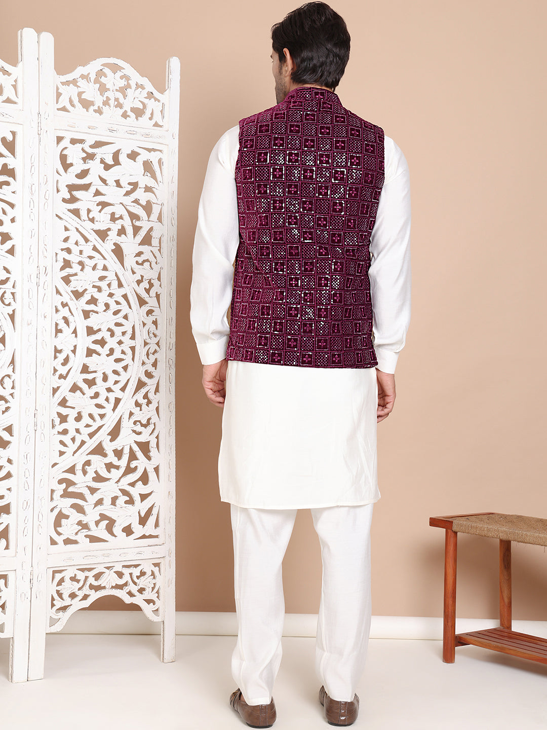 Men's Velvet Nehru Jacket With Solid Kurta Pyjama ( ANMKPWC 592W 7017Purple )