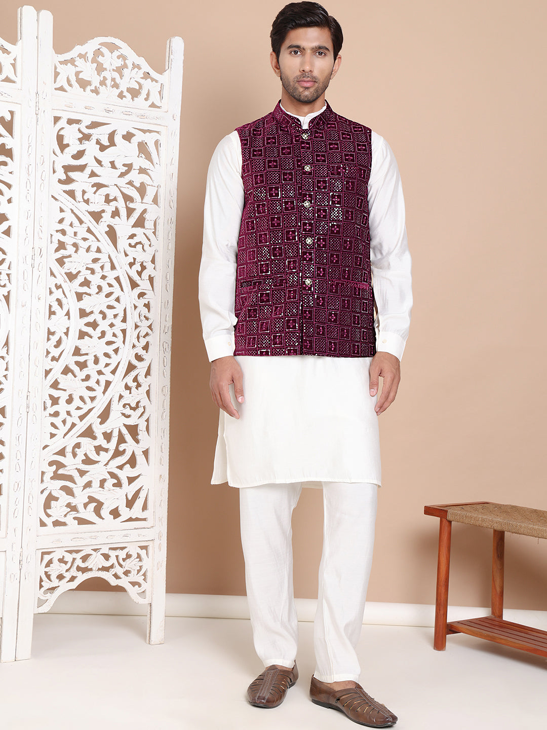 Men's Velvet Nehru Jacket With Solid Kurta Pyjama ( ANMKPWC 592W 7017Purple )