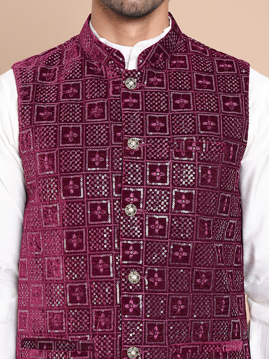 Men's Velvet Nehru Jacket With Solid Kurta Pyjama ( ANMKPWC 592W 7017Purple )