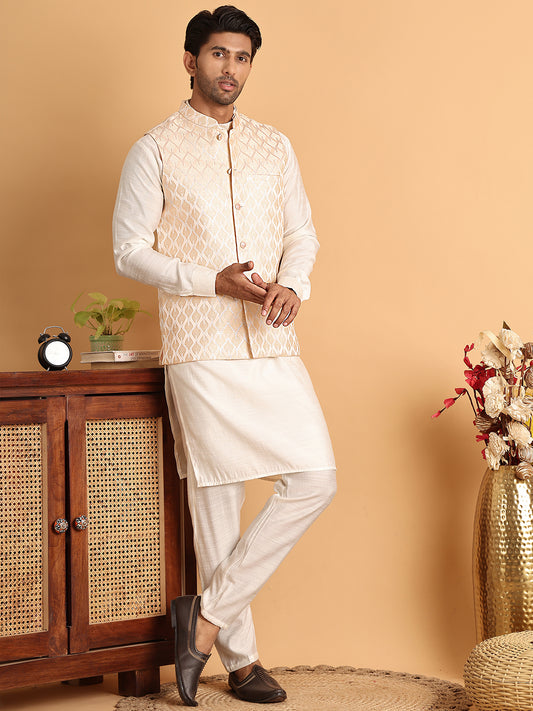 Men's Woven Design Nehru Jacket With Solid Kurta Pyjama ( ANMKPWC 592W 7018Peach )