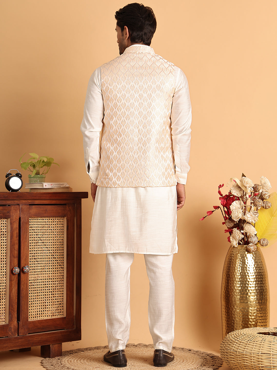 Men's Woven Design Nehru Jacket With Solid Kurta Pyjama ( ANMKPWC 592W 7018Peach )
