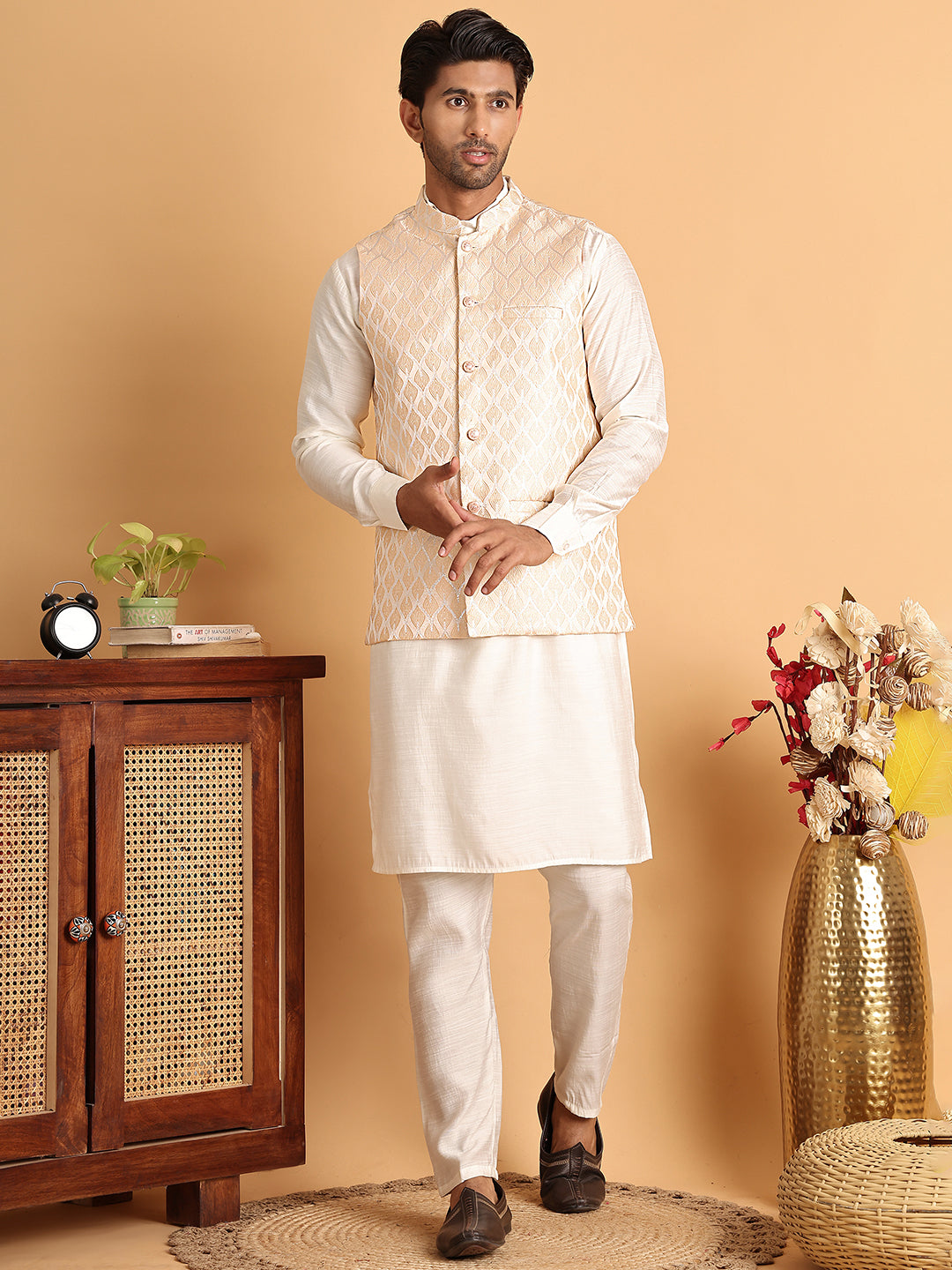 Men's Woven Design Nehru Jacket With Solid Kurta Pyjama ( ANMKPWC 592W 7018Peach )