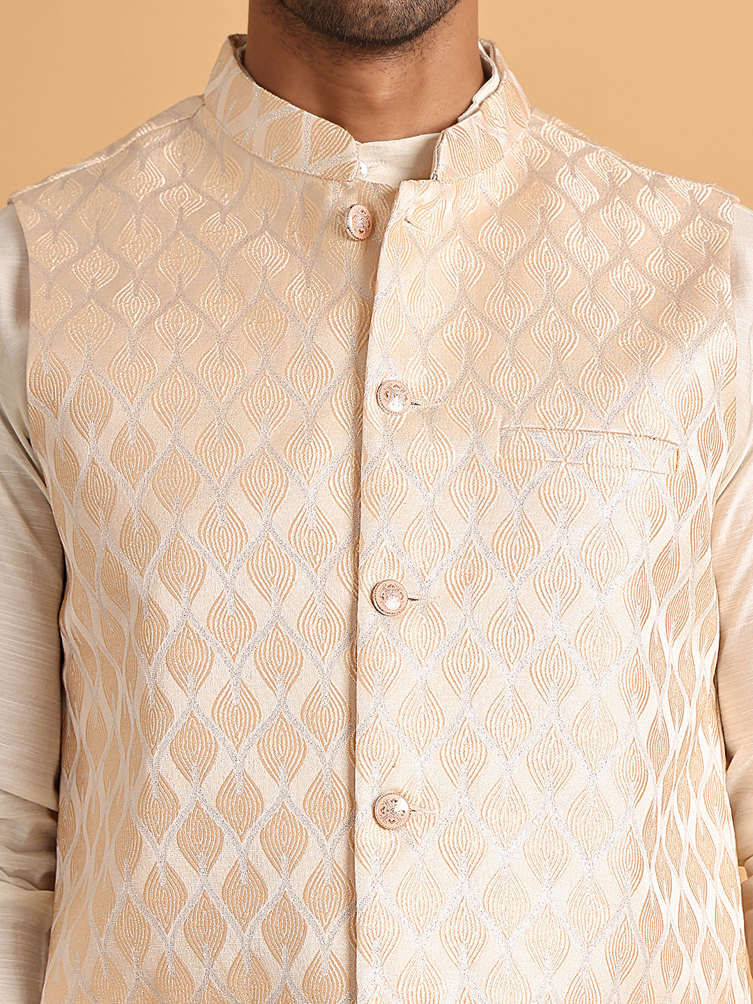 Men's Woven Design Nehru Jacket With Solid Kurta Pyjama ( ANMKPWC 592W 7018Peach )