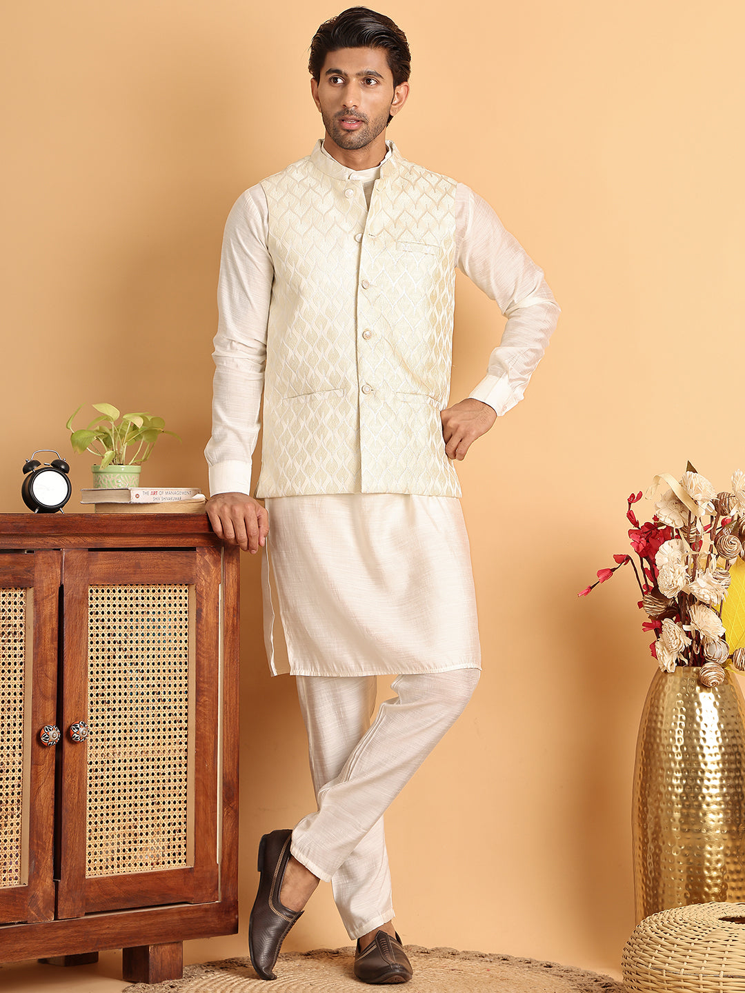 Men's Woven Design Nehru Jacket With Solid Kurta Pyjama ( ANMKPWC 592W 7018White )