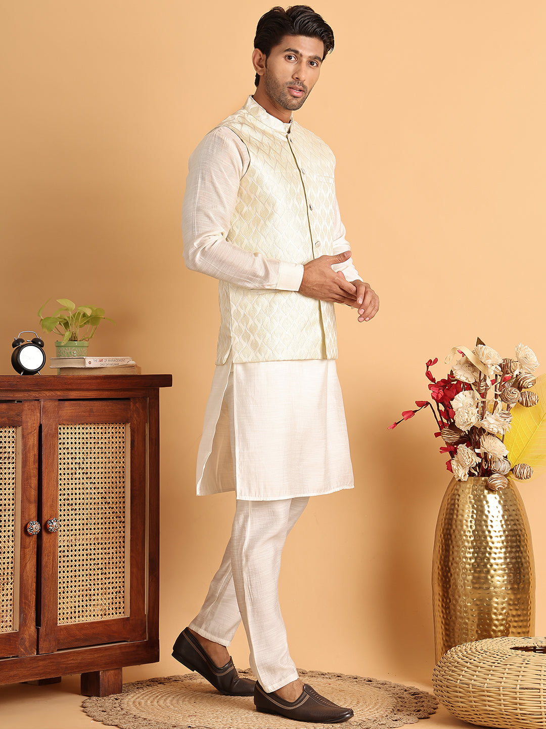 Men's Woven Design Nehru Jacket With Solid Kurta Pyjama ( ANMKPWC 592W 7018White )