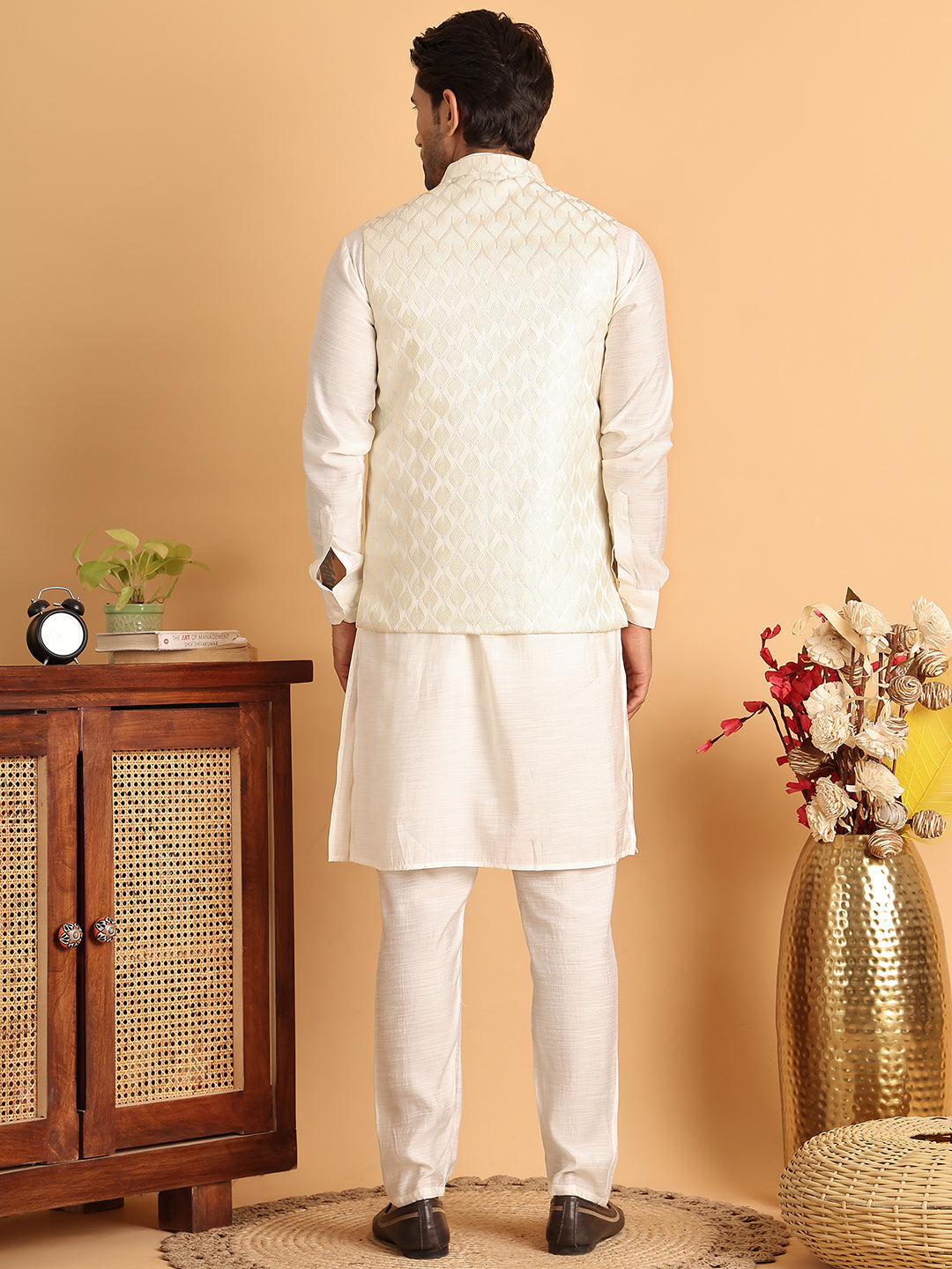 Men's Woven Design Nehru Jacket With Solid Kurta Pyjama ( ANMKPWC 592W 7018White )