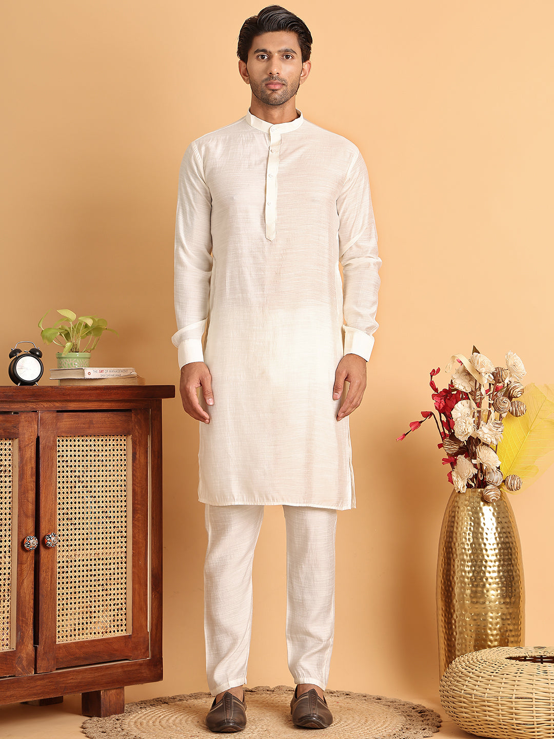 Men's Woven Design Nehru Jacket With Solid Kurta Pyjama ( ANMKPWC 592W 7018White )