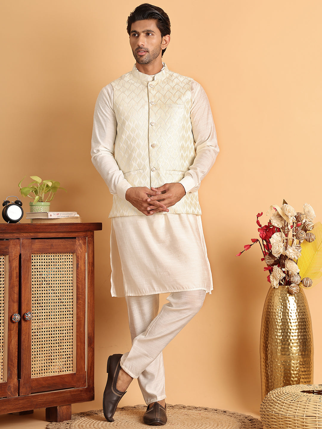 Men's Woven Design Nehru Jacket With Solid Kurta Pyjama ( ANMKPWC 592W 7018White )