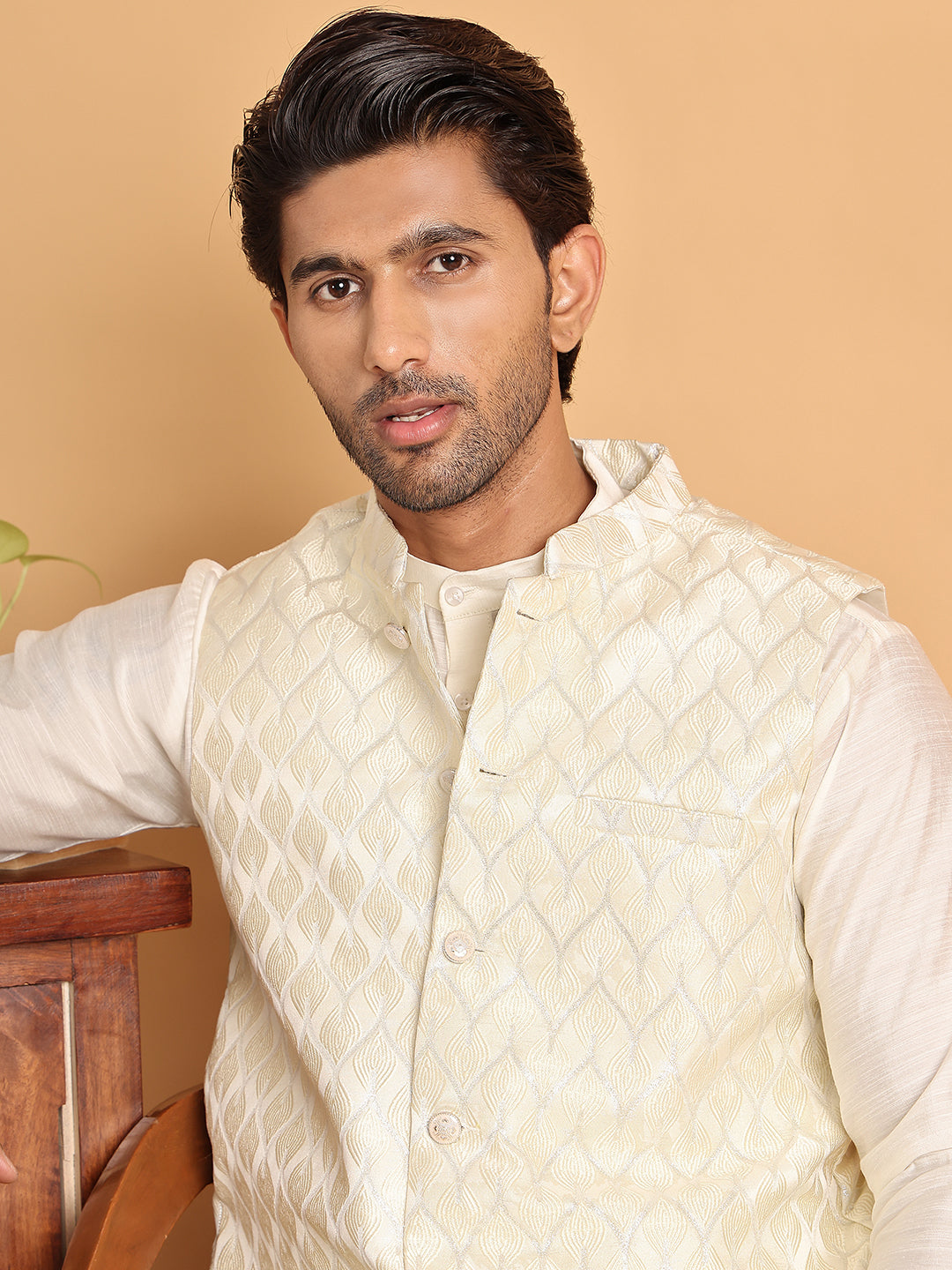 Men's Woven Design Nehru Jacket With Solid Kurta Pyjama ( ANMKPWC 592W 7018White )