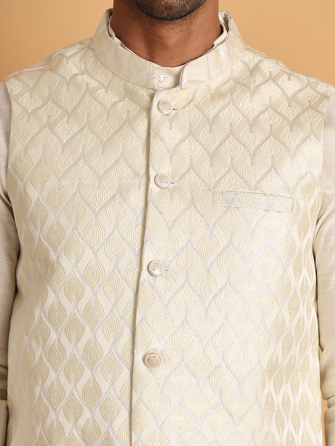 Men's Woven Design Nehru Jacket With Solid Kurta Pyjama ( ANMKPWC 592W 7018White )