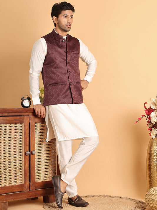 Men's Woven Design Nehru Jacket With Solid Kurta Pyjama ( ANMKPWC 592W 7019Maroon )