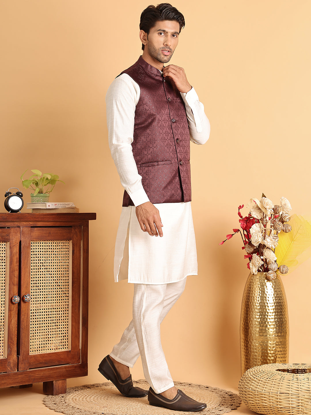 Men's Woven Design Nehru Jacket With Solid Kurta Pyjama ( ANMKPWC 592W 7019Maroon )