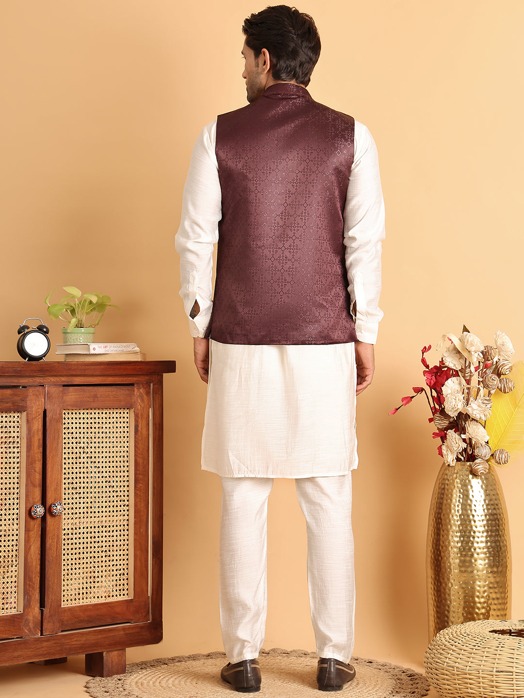 Men's Woven Design Nehru Jacket With Solid Kurta Pyjama ( ANMKPWC 592W 7019Maroon )