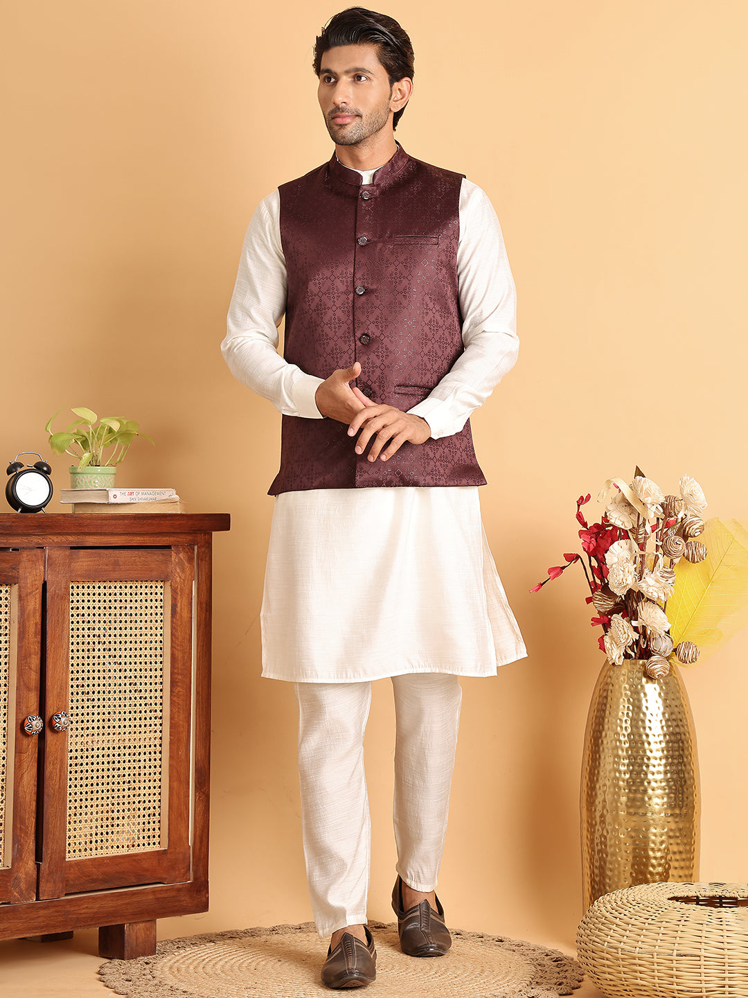 Men's Woven Design Nehru Jacket With Solid Kurta Pyjama ( ANMKPWC 592W 7019Maroon )
