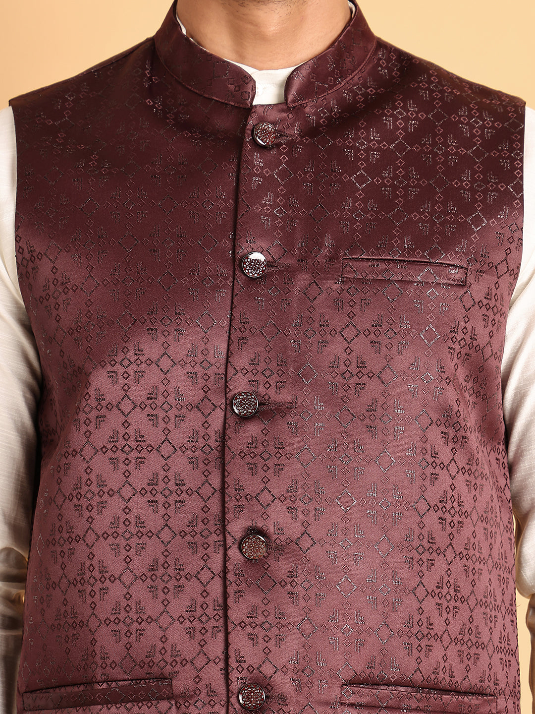 Men's Woven Design Nehru Jacket With Solid Kurta Pyjama ( ANMKPWC 592W 7019Maroon )