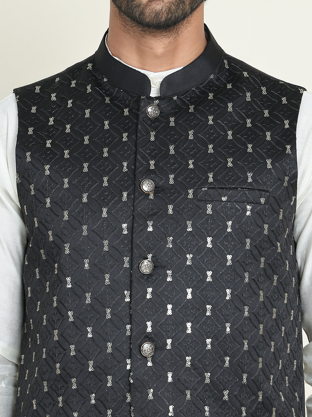 Embroidered Nehru Jacket With Solid Kurta Pyjama ( AANMKPWC 592W 7021Black  )