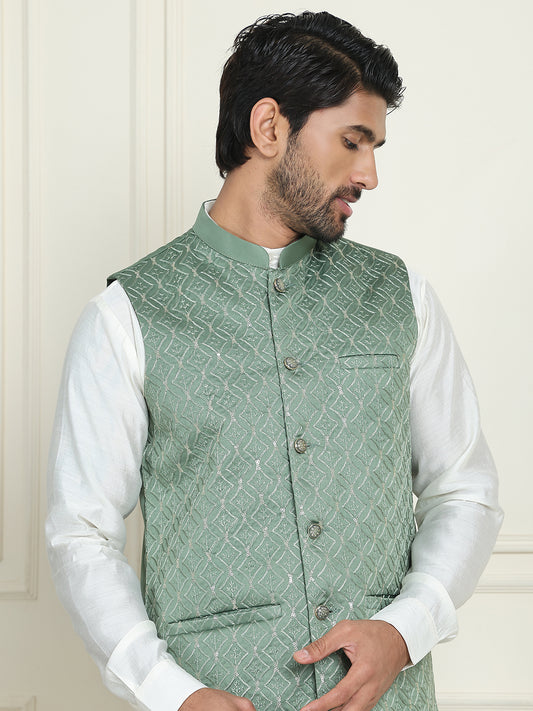 Embroidered Nehru Jacket With Solid Kurta Pyjama ( ANMKPWC 592W 7021Green  )