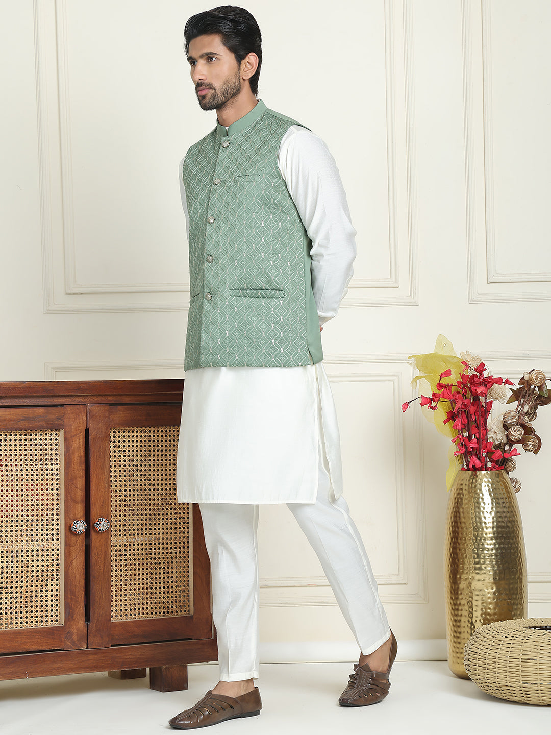 Embroidered Nehru Jacket With Solid Kurta Pyjama ( ANMKPWC 592W 7021Green  )