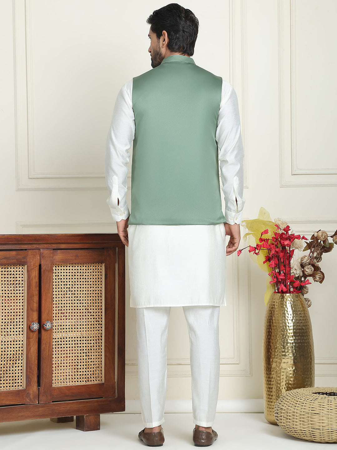 Embroidered Nehru Jacket With Solid Kurta Pyjama ( ANMKPWC 592W 7021Green  )