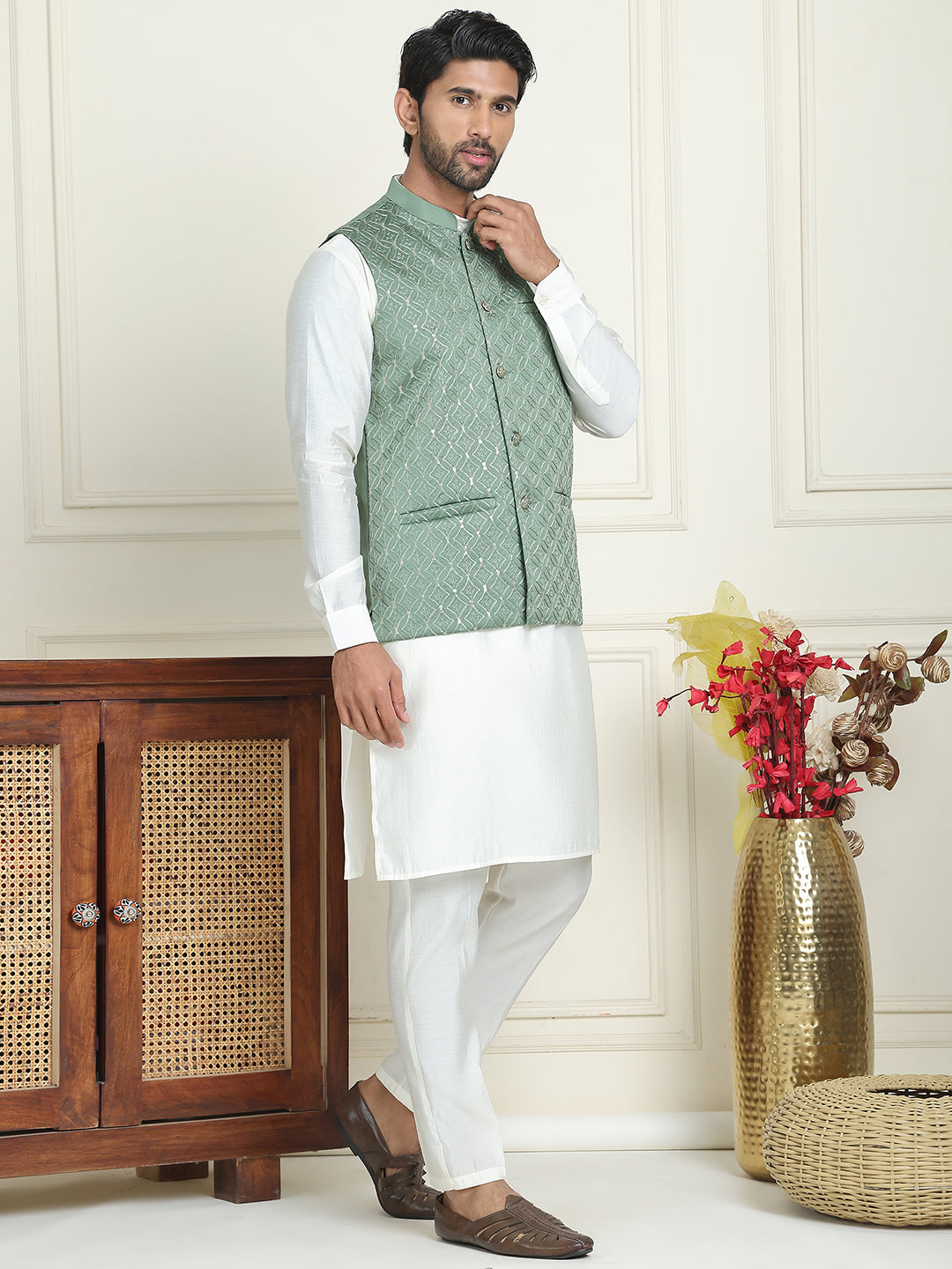 Embroidered Nehru Jacket With Solid Kurta Pyjama ( ANMKPWC 592W 7021Green  )