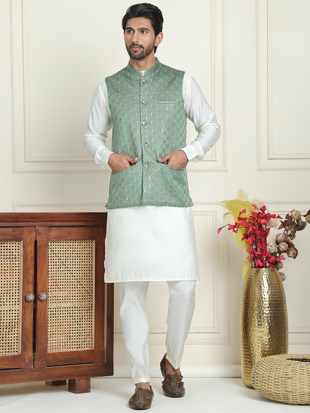 Embroidered Nehru Jacket With Solid Kurta Pyjama ( ANMKPWC 592W 7021Green  )